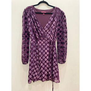 Betsey Johnson Long Sleeve Wrap Dress Plus 14 Purple Velvet Polka Dot Y2K Twee